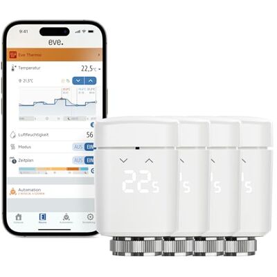 Eve Thermo (Matter) 4er Pack: Smartes Heizkörperthermostat, LED-Display mit Touch-Bedienfeld, Heizkosten sparen, Apple Home, Amazon Alexa, Samsung SmartThings, Google Home, Ben. Thread Border Router Eve Thermo (Matter) 4er Pack: Smartes Heizkörperthermostat, LED-Display mit Touch-Bedienfeld, Heizkosten sparen, Apple Home, Amazon Alexa, Samsung SmartThings, Google Home, Ben. Thread Border Router