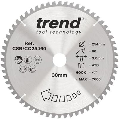 TREND Wood Gehrungssägeblatt, 254 mm Durchmesser, 30 mm Bohrung, 60 Zähne, 3 mm Schnittfuge, -5° Haken, TCT, feine Oberfläche, CSB/CC25460 TREND Wood Gehrungssägeblatt, 254 mm Durchmesser, 30 mm Bohrung, 60 Zähne, 3 mm Schnittfuge, -5° Haken, TCT, feine Oberfläche, CSB/CC25460