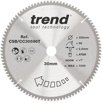 TREND Wood Akku-ATBR-Gehrungssägeblatt, 305 mm Durchmesser, 30 mm Bohrung, 96 Zähne, 2,2 mm Schnittfuge, +7° Haken, TCT, extrafeine Oberfläche, CSB/CC30596T TREND Wood Akku-ATBR-Gehrungssägeblatt, 305 mm Durchmesser, 30 mm Bohrung, 96 Zähne, 2,2 mm Schnittfuge, +7° Haken, TCT, extrafeine Oberfläche, CSB/CC30596T