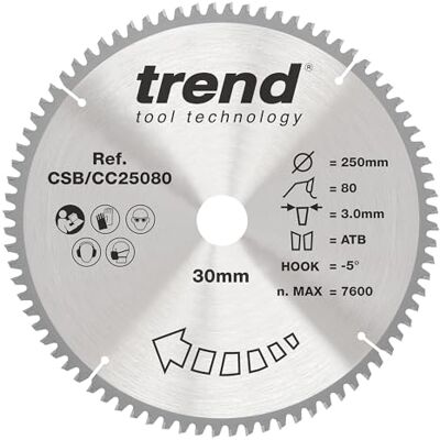 TREND Wood Gehrungssägeblatt, 250 mm Durchmesser, 30 mm Bohrung, 80 Zähne, 3 mm Schnittfuge, -5° Haken, TCT, extrafeine Oberfläche, CSB/CC25080 TREND Wood Gehrungssägeblatt, 250 mm Durchmesser, 30 mm Bohrung, 80 Zähne, 3 mm Schnittfuge, -5° Haken, TCT, extrafeine Oberfläche, CSB/CC25080