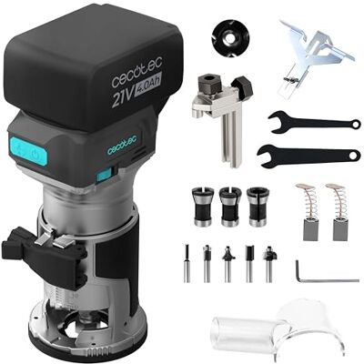 Cecotec Akku-Oberfräse MultiShape 2000 Liberty. Brushless, NEX21 21 V, 4,0 Ah, 5 Fräser, 6/6,35/8 mm Spannzangen, Drehzahlregelung, Tiefenanschlag, Parallelanschlag, Staubabsaugung, Alugehäuse Cecotec Akku-Oberfräse MultiShape 2000 Liberty. Brushless, NEX21 21 V, 4,0 Ah, 5 Fräser, 6/6,35/8 mm Spannzangen, Drehzahlregelung, Tiefenanschlag, Parallelanschlag, Staubabsaugung, Alugehäuse