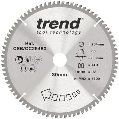 TREND Wood Gehrungssägeblatt, 254 mm Durchmesser, 30 mm Bohrung, 80 Zähne, 3 mm Schnittfuge, -5° Haken, TCT, extrafeine Oberfläche, CSB/CC25480 TREND Wood Gehrungssägeblatt, 254 mm Durchmesser, 30 mm Bohrung, 80 Zähne, 3 mm Schnittfuge, -5° Haken, TCT, extrafeine Oberfläche, CSB/CC25480