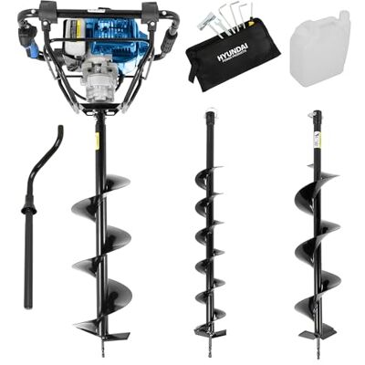 Hyundai 56cc Benzin-Erdbohrer mit Sicherheitsbremse, 100 mm, 150 mm und 200 mm Bohrer, Anti-Vibrationsgriff, robuster Pfostenlochbagger Hyundai 56cc Benzin-Erdbohrer mit Sicherheitsbremse, 100 mm, 150 mm und 200 mm Bohrer, Anti-Vibrationsgriff, robuster Pfostenlochbagger
