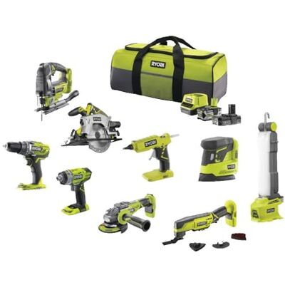 Ryobi 9-teiliges Werkzeugset 18 V One+: Bohrmaschine, Schlagschrauber, Schleifer, Multi-Tools, Heißklebepistole, Kreissäge, Stichsäge, Lampe, Schleifmaschine + 2 Akkus und Ladegerät – R18CK9B-252SLZ Ryobi 9-teiliges Werkzeugset 18 V One+: Bohrmaschine, Schlagschrauber, Schleifer, Multi-Tools, Heißklebepistole, Kreissäge, Stichsäge, Lampe, Schleifmaschine + 2 Akkus und Ladegerät – R18CK9B-252SLZ