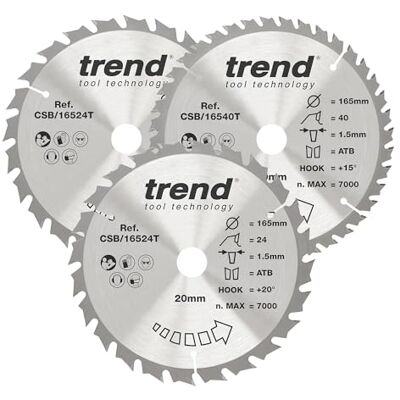 TREND Akku-Kreissägeblätter HW, 165 mm, 20 mm Bohrung, 24/40 Z, 3er-Pack Enthält 3 Sägeblätter für Akku-Kreissägen mit 165 mm, 20 mm Bohrung und 24/40 Zähnen, CSB/165/3PK/C TREND Akku-Kreissägeblätter HW, 165 mm, 20 mm Bohrung, 24/40 Z, 3er-Pack Enthält 3 Sägeblätter für Akku-Kreissägen mit 165 mm, 20 mm Bohrung und 24/40 Zähnen, CSB/165/3PK/C
