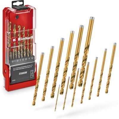 Original Einhell 13-tlg. HSS-G Titan Metallbohrer-Set (im Ganzen geschliffener HSS 4341 Stahl, titanbeschichtet, 135°-Split-Point-Spitze, gefräste Typ N Spirale, Rundschaft) Original Einhell 13-tlg. HSS-G Titan Metallbohrer-Set (im Ganzen geschliffener HSS 4341 Stahl, titanbeschichtet, 135°-Split-Point-Spitze, gefräste Typ N Spirale, Rundschaft)