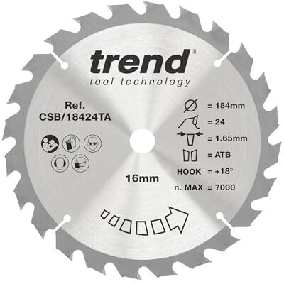 TREND Akku-Handkreissägeblatt, 184 mm, 16 mm Bohrung, 24 Zähne, HW Schneidet Holz sauber mit 24 Hartmetallzähnen für mittlere Schnittgüte, CSB/18424TA TREND Akku-Handkreissägeblatt, 184 mm, 16 mm Bohrung, 24 Zähne, HW Schneidet Holz sauber mit 24 Hartmetallzähnen für mittlere Schnittgüte, CSB/18424TA
