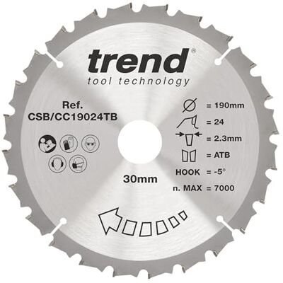 TREND Wood Akku-Gehrungssägeblatt, 190 mm Durchmesser, 20 mm Bohrung, 24 Zähne, 1,9 mm Schnittfuge, -5° Haken, TCT, mittlere Oberfläche, CSB/CC19024T TREND Wood Akku-Gehrungssägeblatt, 190 mm Durchmesser, 20 mm Bohrung, 24 Zähne, 1,9 mm Schnittfuge, -5° Haken, TCT, mittlere Oberfläche, CSB/CC19024T