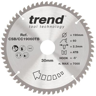TREND Wood Akku-Gehrungssägeblatt, 190 mm Durchmesser, 30 mm Bohrung, 60 Zähne, 2,3 mm Schnittfuge, -5° Haken, TCT, extrafeine Oberfläche, CSB/CC19060TB TREND Wood Akku-Gehrungssägeblatt, 190 mm Durchmesser, 30 mm Bohrung, 60 Zähne, 2,3 mm Schnittfuge, -5° Haken, TCT, extrafeine Oberfläche, CSB/CC19060TB