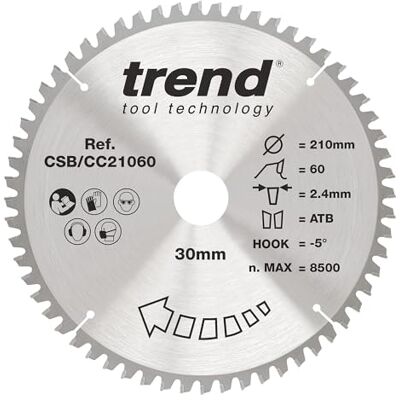 TREND Wood Gehrungssägeblatt, 210 mm Durchmesser, 30 mm Bohrung, 60 Zähne, 2,4 mm Schnittfuge, -5° Haken, TCT, extrafeine Oberfläche, CSB/CC21060 TREND Wood Gehrungssägeblatt, 210 mm Durchmesser, 30 mm Bohrung, 60 Zähne, 2,4 mm Schnittfuge, -5° Haken, TCT, extrafeine Oberfläche, CSB/CC21060