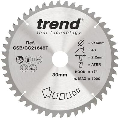TREND Wood Akku-ATBR-Gehrungssägeblatt, 216 mm Durchmesser, 30 mm Bohrung, 48 Zähne, 2,2 mm Schnittfuge, +7° Haken, TCT, feine Oberfläche, CSB/CC21648T TREND Wood Akku-ATBR-Gehrungssägeblatt, 216 mm Durchmesser, 30 mm Bohrung, 48 Zähne, 2,2 mm Schnittfuge, +7° Haken, TCT, feine Oberfläche, CSB/CC21648T
