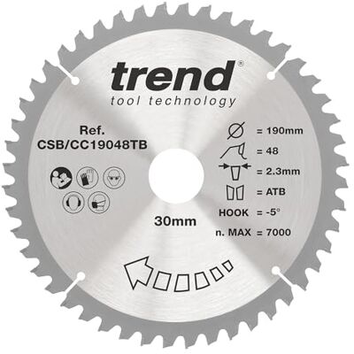 TREND Wood Akku-Gehrungssägeblatt, 190 mm Durchmesser, 30 mm Bohrung, 48 Zähne, 2,3 mm Schnittfuge, -5° Haken, TCT, feine Oberfläche, CSB/CC19048TB TREND Wood Akku-Gehrungssägeblatt, 190 mm Durchmesser, 30 mm Bohrung, 48 Zähne, 2,3 mm Schnittfuge, -5° Haken, TCT, feine Oberfläche, CSB/CC19048TB