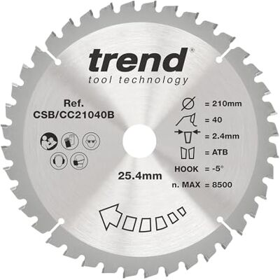 TREND Wood Gehrungssägeblatt, 210 mm Durchmesser, 25,40 mm Bohrung, 40 Zähne, 2,4 mm Schnittfuge, -5° Haken, TCT, feine Oberfläche, CSB/CC21040B TREND Wood Gehrungssägeblatt, 210 mm Durchmesser, 25,40 mm Bohrung, 40 Zähne, 2,4 mm Schnittfuge, -5° Haken, TCT, feine Oberfläche, CSB/CC21040B