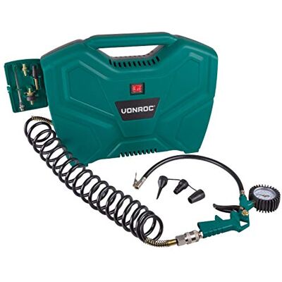 VONROC Tragbarer Luftkompressor, 1100 W, 8 Bar – Luftdurchsatz 180 l/m – Reifenfüller für Auto, Motorrad, Fahrrad, Ball – tragbarer Kompressor ohne Öl mit 11 Zubehörteilen VONROC Tragbarer Luftkompressor, 1100 W, 8 Bar – Luftdurchsatz 180 l/m – Reifenfüller für Auto, Motorrad, Fahrrad, Ball – tragbarer Kompressor ohne Öl mit 11 Zubehörteilen