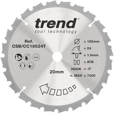TREND Wood Akku-Gehrungssägeblatt, 185 mm Durchmesser, 20 mm Bohrung, 24 Zähne, 1,6 mm Schnittfuge, -5° Haken, TCT, mittlere Oberfläche, CSB/CC18524T TREND Wood Akku-Gehrungssägeblatt, 185 mm Durchmesser, 20 mm Bohrung, 24 Zähne, 1,6 mm Schnittfuge, -5° Haken, TCT, mittlere Oberfläche, CSB/CC18524T