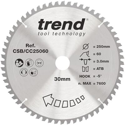 TREND Wood Gehrungssägeblatt, 250 mm Durchmesser, 30 mm Bohrung, 60 Zähne, 3 mm Schnittfuge, -5° Haken, TCT, feine Oberfläche, CSB/CC25060 TREND Wood Gehrungssägeblatt, 250 mm Durchmesser, 30 mm Bohrung, 60 Zähne, 3 mm Schnittfuge, -5° Haken, TCT, feine Oberfläche, CSB/CC25060