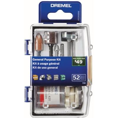 DREMEL 730-01 Allzweck-Drehwerkzeug-Zubehör-Set, 52-teilig, sortiert, enthält einen Schnitz-Bit, Schleiftrommeln, Schleifsteine, Trennscheiben und einen Aufbewahrungskoffer DREMEL 730-01 Allzweck-Drehwerkzeug-Zubehör-Set, 52-teilig, sortiert, enthält einen Schnitz-Bit, Schleiftrommeln, Schleifsteine, Trennscheiben und einen Aufbewahrungskoffer