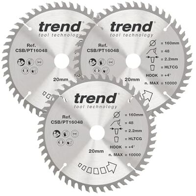 TREND Laminat & HPL Kreissägeblatts, 3er-Pack, 160mm Durchmesser, 20mm Bohrung, 48 Zähne, HW, 2,2mm Schnittbreite, +4° Haken, CSB/PT160/3PK TREND Laminat & HPL Kreissägeblatts, 3er-Pack, 160mm Durchmesser, 20mm Bohrung, 48 Zähne, HW, 2,2mm Schnittbreite, +4° Haken, CSB/PT160/3PK