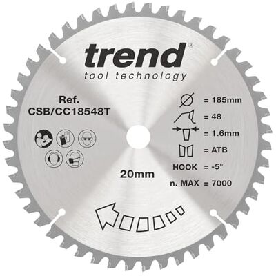 TREND Wood Akku-Gehrungssägeblatt, 185 mm Durchmesser, 20 mm Bohrung, 48 Zähne, 1,6 mm Schnittfuge, -5° Haken, TCT, feine Oberfläche, CSB/CC18548T TREND Wood Akku-Gehrungssägeblatt, 185 mm Durchmesser, 20 mm Bohrung, 48 Zähne, 1,6 mm Schnittfuge, -5° Haken, TCT, feine Oberfläche, CSB/CC18548T