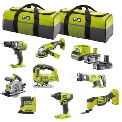 Ryobi 18 V ONE+ Combo-Kit, 8 Werkzeuge, Deltaschleifer, Bohrschrauber, Säbelsäge, Multitool, Stichsäge, Winkelschleifer, Handkreissäge, Schlagschrauber, Taschen, mit Akku und Schnellladegerät Ryobi 18 V ONE+ Combo-Kit, 8 Werkzeuge, Deltaschleifer, Bohrschrauber, Säbelsäge, Multitool, Stichsäge, Winkelschleifer, Handkreissäge, Schlagschrauber, Taschen, mit Akku und Schnellladegerät