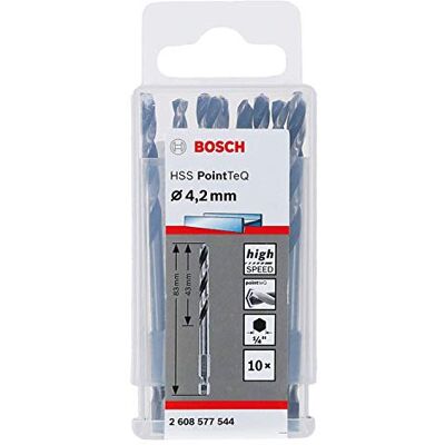 Bosch Professional 10 Stück PointTeQ Sechskantbohrer (für Metall, Ø: 4,2 mm, Arbeitslänge: 43 mm, Gesamtlänge: 83 mm, ¼"-Sechskantschaft, Zubehör für Schlagschrauber und Bohrschrauber) Bosch Professional 10 Stück PointTeQ Sechskantbohrer (für Metall, Ø: 4,2 mm, Arbeitslänge: 43 mm, Gesamtlänge: 83 mm, ¼"-Sechskantschaft, Zubehör für Schlagschrauber und Bohrschrauber)