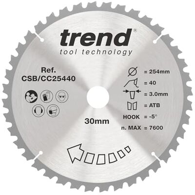TREND Wood Gehrungssägeblatt, 254 mm Durchmesser, 30 mm Bohrung, 40 Zähne, 3 mm Schnittfuge, -5° Haken, TCT, mittlere Oberfläche, CSB/CC25440 TREND Wood Gehrungssägeblatt, 254 mm Durchmesser, 30 mm Bohrung, 40 Zähne, 3 mm Schnittfuge, -5° Haken, TCT, mittlere Oberfläche, CSB/CC25440