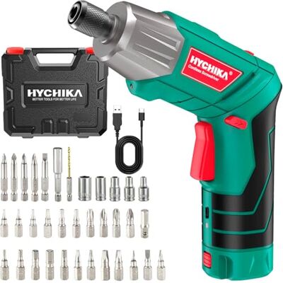 HYCHIKA BETTER TOOLS FOR BETTER LIFE HYCHIKA Akkuschrauber, 6N·m Drehmoment 2000mAh 3,6V Akku mit 35 Zubehörteilen, LED-Licht und Taschenlampe, Akku Bohrschrauber mit USB Kabel und Aufbewahrungsbox HYCHIKA BETTER TOOLS FOR BETTER LIFE HYCHIKA Akkuschrauber, 6N·m Drehmoment 2000mAh 3,6V Akku mit 35 Zubehörteilen, LED-Licht und Taschenlampe, Akku Bohrschrauber mit USB Kabel und Aufbewahrungsbox