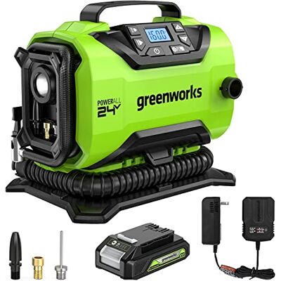 Greenworks 24 V kabelloser Reifenfüller, 160 PSI tragbarer Luftkompressor, 2 Stromquellen, automatische Abschaltung, für Auto, Fahrrad, Motorrad, Luftboot, aufblasbare Gegenstände mit 2,0 Ah Akku & 2 Greenworks 24 V kabelloser Reifenfüller, 160 PSI tragbarer Luftkompressor, 2 Stromquellen, automatische Abschaltung, für Auto, Fahrrad, Motorrad, Luftboot, aufblasbare Gegenstände mit 2,0 Ah Akku & 2