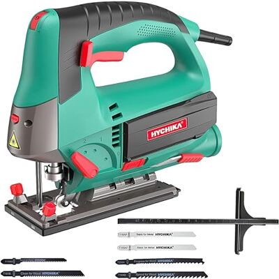 HYCHIKA BETTER TOOLS FOR BETTER LIFE HYCHIKA Stichsäge, 800W Max Holz Schnitttiefe 110mm, 800-3000SPM Elektrische Stichsäge mit Laser, 6 Blätter, Fasenschneiden: -45 °bis 45° HYCHIKA BETTER TOOLS FOR BETTER LIFE HYCHIKA Stichsäge, 800W Max Holz Schnitttiefe 110mm, 800-3000SPM Elektrische Stichsäge mit Laser, 6 Blätter, Fasenschneiden: -45 °bis 45°