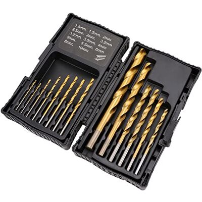 Amazon Bohrer-Set aus Hochgeschwindigkeitsstahl, Titanbeschichtung, Abgeschrägtes Schneiden-Design, 14-teilig, 1,5–10 mm, für Metall, Holz und Kunststoff Amazon Bohrer-Set aus Hochgeschwindigkeitsstahl, Titanbeschichtung, Abgeschrägtes Schneiden-Design, 14-teilig, 1,5–10 mm, für Metall, Holz und Kunststoff
