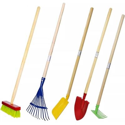 Land-Haus-Shop Kinder Gartengeräte Set 5-teilig Besen Rechen Harke Schaufel Spitzspaten Kindgerechte stabile Gartengeräte aus Metall mit Holzstiel, fertig eingestielt, farbenfrohe bunte Mischung Land-Haus-Shop Kinder Gartengeräte Set 5-teilig Besen Rechen Harke Schaufel Spitzspaten Kindgerechte stabile Gartengeräte aus Metall mit Holzstiel, fertig eingestielt, farbenfrohe bunte Mischung