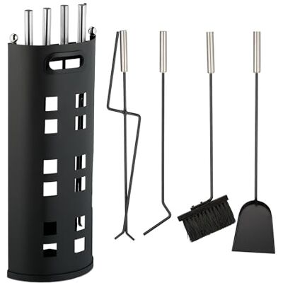 Relaxdays Kaminbesteck, 5-teiliges Set, Schürhaken, Ascheschaufel, Besen, Zange & Ständer, Kamingarnitur modern, schwarz Relaxdays Kaminbesteck, 5-teiliges Set, Schürhaken, Ascheschaufel, Besen, Zange & Ständer, Kamingarnitur modern, schwarz