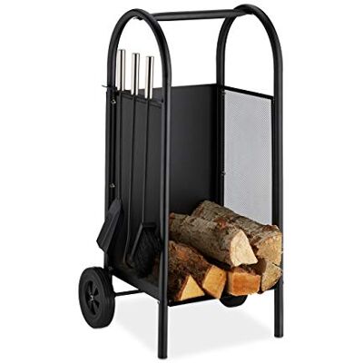 Relaxdays Kaminholzwagen mit Besteck, Brennholzkarre Stahl, Kaminbesteck 3-teilig, Schaufel, Besen & Schürhaken, schwarz, 81 x 42 x 37 cm Relaxdays Kaminholzwagen mit Besteck, Brennholzkarre Stahl, Kaminbesteck 3-teilig, Schaufel, Besen & Schürhaken, schwarz, 81 x 42 x 37 cm