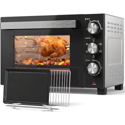 HOMCOM Mini Backofen mit Umluft, Drehspieß, 36L, 90–230℃, Drehspieß Minibackofen, Miniofen, mit Vorheizfunktion, Backblech, Grillrost, Doppelwandige Tür, Innenbeleuchtung, 1500 W, Silber HOMCOM Mini Backofen mit Umluft, Drehspieß, 36L, 90–230℃, Drehspieß Minibackofen, Miniofen, mit Vorheizfunktion, Backblech, Grillrost, Doppelwandige Tür, Innenbeleuchtung, 1500 W, Silber