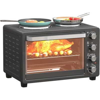 HOMCOM Minibackofen 28 L 2600W mit 2 Kochplatten 60 Min. Timer Schwarz 100-230℃, Pizzaofen, Grillrost, Backblech, Tablettgriff, Krümelblech HOMCOM Minibackofen 28 L 2600W mit 2 Kochplatten 60 Min. Timer Schwarz 100-230℃, Pizzaofen, Grillrost, Backblech, Tablettgriff, Krümelblech