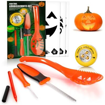 com-four ® 14-teiliges Kürbis Schnitz-Set für Halloween, Schneide-Werkzeuge Messer Löffel Stift Schablonen und LED Kürbislicht com-four ® 14-teiliges Kürbis Schnitz-Set für Halloween, Schneide-Werkzeuge Messer Löffel Stift Schablonen und LED Kürbislicht