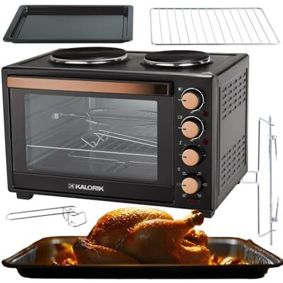Kalorik Minibackofen Kochplatten 2er Elektrisch mini Backofen 30 Liter 2-in-1 Backofen und Kochfeld für vielseitiges Kochen und Backen, mit Umluft & Drehspieß, 3300 W, Schwarz Kupferakzent Kalorik Minibackofen Kochplatten 2er Elektrisch mini Backofen 30 Liter 2-in-1 Backofen und Kochfeld für vielseitiges Kochen und Backen, mit Umluft & Drehspieß, 3300 W, Schwarz Kupferakzent