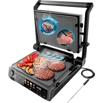 Cecotec Rock'nGrill 2000 Smash PerfectCook Elektrogrill mit Grill, 2000W, Temp-Sonde, Smash Burger, Smokeless, Dual Temp, Fettauffangplatte, wendbare Platten, Oberfläche 30 x 21 cm, Edelstahl Cecotec Rock'nGrill 2000 Smash PerfectCook Elektrogrill mit Grill, 2000W, Temp-Sonde, Smash Burger, Smokeless, Dual Temp, Fettauffangplatte, wendbare Platten, Oberfläche 30 x 21 cm, Edelstahl