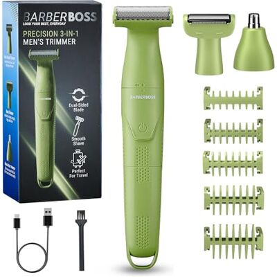 BARBERBOSS 3-in-1 Präzisionstrimmer Herren Bart und Haarpflegeset für Männer, Körperpflege, Nasen- und Ohrentrimmer, wiederaufladbarer kabelloser Rasierer (Grün) BARBERBOSS 3-in-1 Präzisionstrimmer Herren Bart und Haarpflegeset für Männer, Körperpflege, Nasen- und Ohrentrimmer, wiederaufladbarer kabelloser Rasierer (Grün)