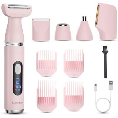 BARBERBOSS 5-in-1 Elektrorasierer Damen, Damenrasierer mit Bikini Trimmer, Gesichtsrasierer, Nasen- & Ohrentrimmer, Dual-Speed mit LED-Anzeige, 4 Führungskämme (Rosa, Silber) BARBERBOSS 5-in-1 Elektrorasierer Damen, Damenrasierer mit Bikini Trimmer, Gesichtsrasierer, Nasen- & Ohrentrimmer, Dual-Speed mit LED-Anzeige, 4 Führungskämme (Rosa, Silber)