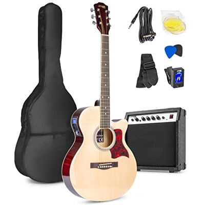 MAX ShowKit Elektro Akustik Gitarre Set mit Verstärker 40 Watt, Gitarrentasche, Gitarrenstimmgerät, Instrumentenkabel, Plektrum und E Akustikgitarre mit Tonabnehmer, Natur Holz MAX ShowKit Elektro Akustik Gitarre Set mit Verstärker 40 Watt, Gitarrentasche, Gitarrenstimmgerät, Instrumentenkabel, Plektrum und E Akustikgitarre mit Tonabnehmer, Natur Holz