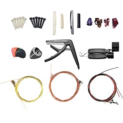 Uinfhyknd Gitarrenzubehör-Set mit 34 Teilen, einschließlich Gitarrenplektren, -Aufroller, 6-saitiger Knochenbrücke und Fingerauswahl Uinfhyknd Gitarrenzubehör-Set mit 34 Teilen, einschließlich Gitarrenplektren, -Aufroller, 6-saitiger Knochenbrücke und Fingerauswahl