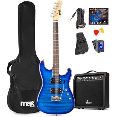 MAX GigKit E Gitarre Quilted Style, E Gitarren Set mit Verstärker, Gitarrentasche, Plektrum, Stimmgerät Gitarre, Instrumentenkabel, Ersatzsaiten und Gitarrengurt, 22 Bünde Dunkel Blau MAX GigKit E Gitarre Quilted Style, E Gitarren Set mit Verstärker, Gitarrentasche, Plektrum, Stimmgerät Gitarre, Instrumentenkabel, Ersatzsaiten und Gitarrengurt, 22 Bünde Dunkel Blau