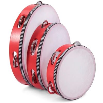 Flexzion Rundes Tamburin aus Holz für Kinder und Erwachsene, 25,4 cm, 25,4 cm, 15,2 cm, einreihig, 8 Paar Schellen, rotes Handschlaginstrument für Anfänger und professionelle Tamburinspieler, 3 Stück Flexzion Rundes Tamburin aus Holz für Kinder und Erwachsene, 25,4 cm, 25,4 cm, 15,2 cm, einreihig, 8 Paar Schellen, rotes Handschlaginstrument für Anfänger und professionelle Tamburinspieler, 3 Stück