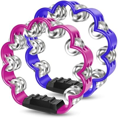 Flexzion 20,3 cm große Blumen-Tamburine, zweireihige Schellen, Blau und Rosa Flexzion 20,3 cm große Blumen-Tamburine, zweireihige Schellen, Blau und Rosa