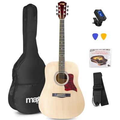 MAX SoloJam Westerngitarre, Akustik Gitarre Set, Acoustic Guitar, Akustikgitarre 4/4 mit Tasche, Plektrum, Stimmgerät, Schultergurt und Stahlsaiten, Anfängergitarre Naturholz Optik MAX SoloJam Westerngitarre, Akustik Gitarre Set, Acoustic Guitar, Akustikgitarre 4/4 mit Tasche, Plektrum, Stimmgerät, Schultergurt und Stahlsaiten, Anfängergitarre Naturholz Optik