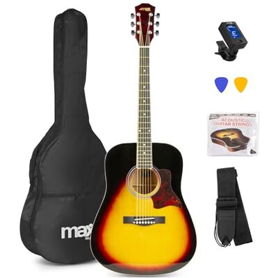 MAX SoloJam Westerngitarre, Akustik Gitarre Set, Acoustic Guitar, Akustikgitarre 4/4 mit Tasche, Plektrum, Stimmgerät, Schultergurt und Stahlsaiten, Anfängergitarre in Sunburst MAX SoloJam Westerngitarre, Akustik Gitarre Set, Acoustic Guitar, Akustikgitarre 4/4 mit Tasche, Plektrum, Stimmgerät, Schultergurt und Stahlsaiten, Anfängergitarre in Sunburst