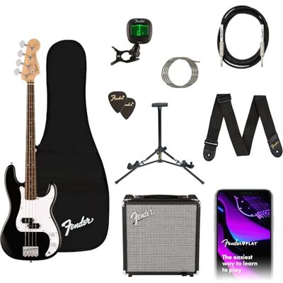 Fender Squier by Debut Precision Bass Guitar Starter Pack, Schwarz Komplettes Bassgitarren-Einsteigerpaket mit Verstärker, Stimmgerät, Ständer, Gigbag, Kabel Fender Squier by Debut Precision Bass Guitar Starter Pack, Schwarz Komplettes Bassgitarren-Einsteigerpaket mit Verstärker, Stimmgerät, Ständer, Gigbag, Kabel
