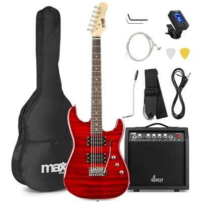 MAX GigKit E Gitarre Quilted Style, E Gitarren Set mit Verstärker, Gitarrentasche, Plektrum, Stimmgerät Gitarre, Instrumentenkabel, Ersatzsaiten und Gitarrengurt, 22 Bünde Dunkel Rot MAX GigKit E Gitarre Quilted Style, E Gitarren Set mit Verstärker, Gitarrentasche, Plektrum, Stimmgerät Gitarre, Instrumentenkabel, Ersatzsaiten und Gitarrengurt, 22 Bünde Dunkel Rot