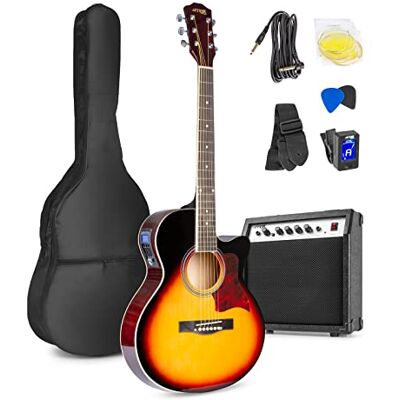 MAX ShowKit Elektro Akustik Gitarre Set mit Verstärker 40 Watt, Gitarrentasche, Gitarrenstimmgerät, Instrumentenkabel, Plektrum und E Akustikgitarre mit Tonabnehmer, Sunburst MAX ShowKit Elektro Akustik Gitarre Set mit Verstärker 40 Watt, Gitarrentasche, Gitarrenstimmgerät, Instrumentenkabel, Plektrum und E Akustikgitarre mit Tonabnehmer, Sunburst